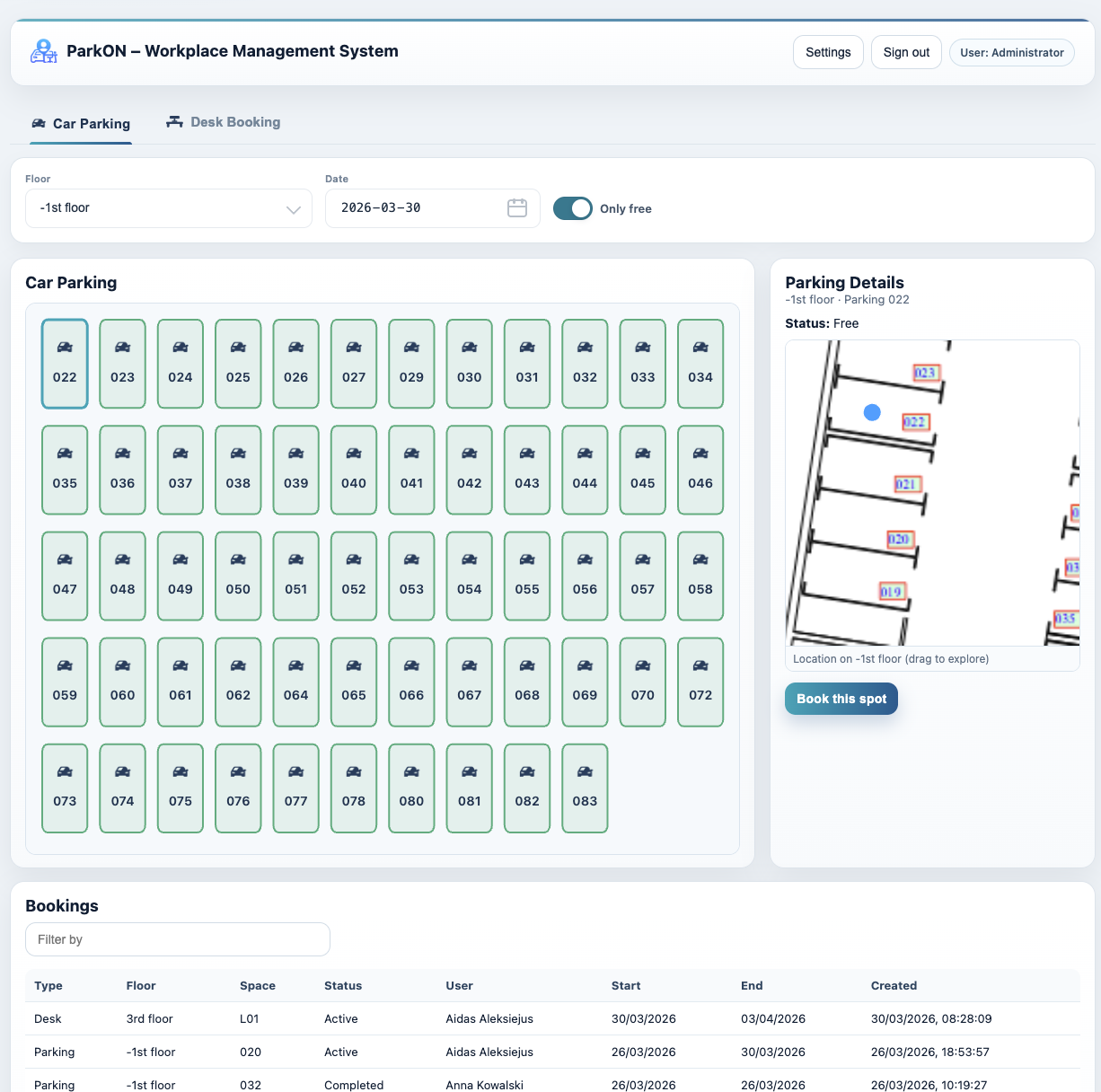 ParkON desktop interface