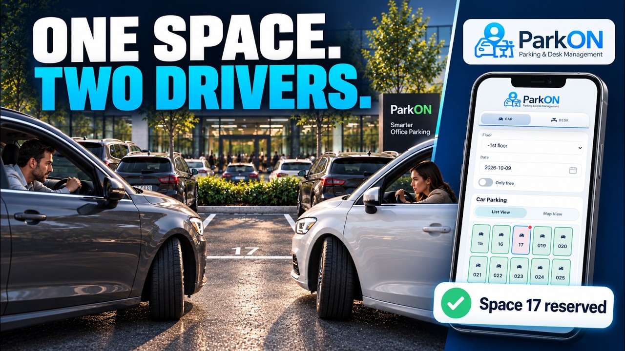 Two drivers competing for one parking space, alongside a ParkON reservation on a phone