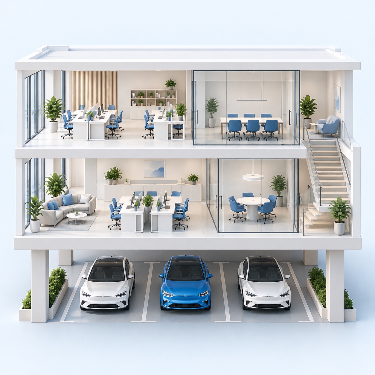 Architectural illustration of an office with shared desks and parking spaces below